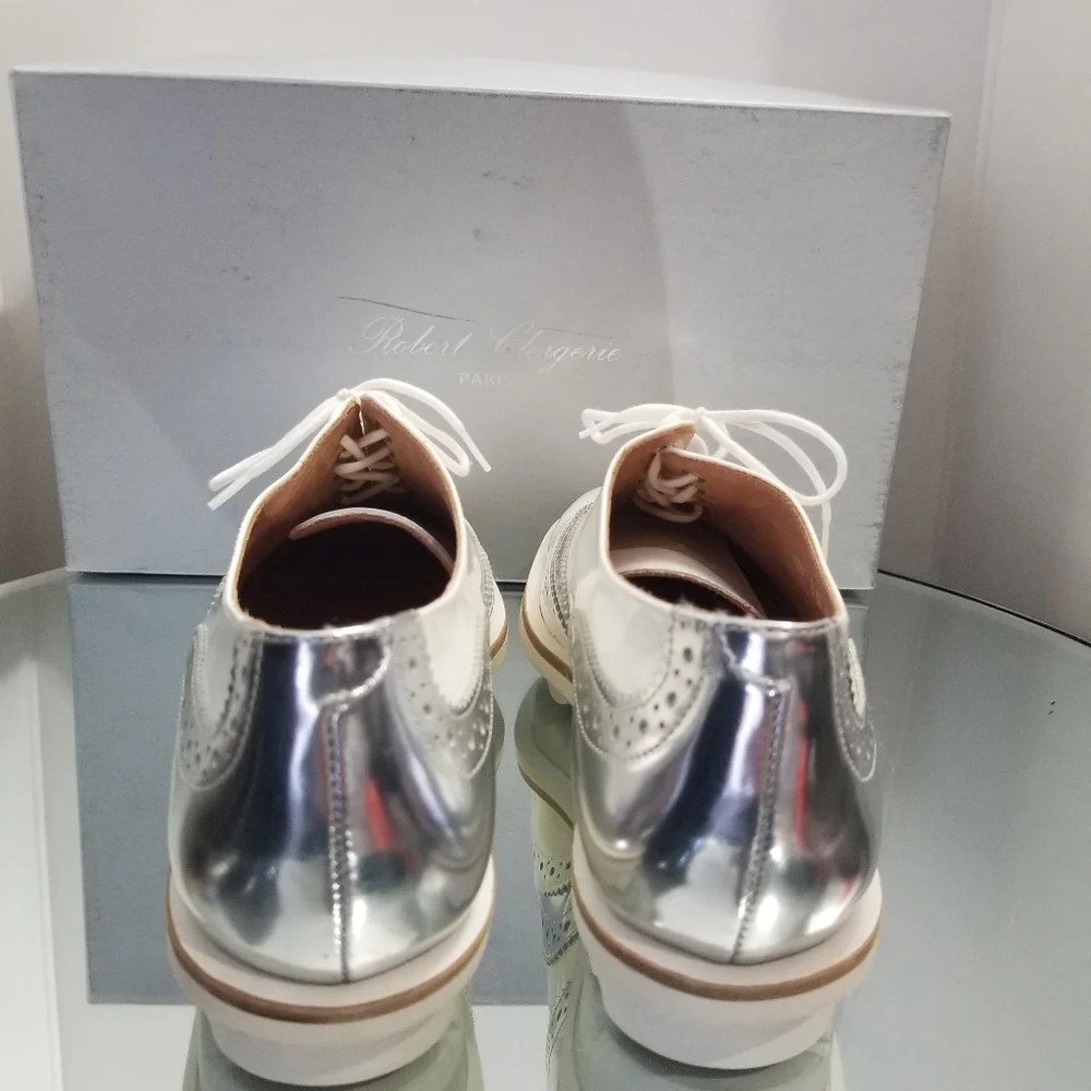 Robert Clergeri White Metallic Patent LeatherLace Up Oxford 38.5